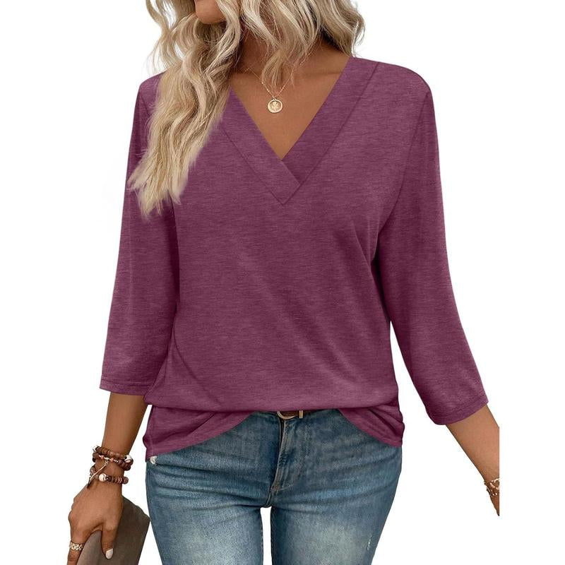 WIHOLL 3/4 Length Sleeve Womens Tops V Neck Casual Tunic Tops Basic Shirts Loose Fit Blouse