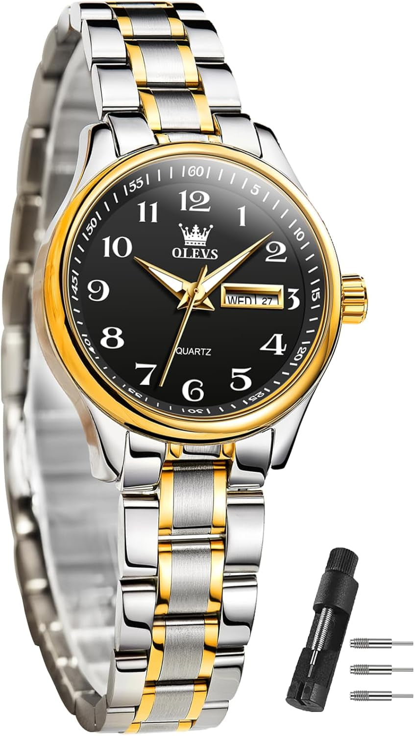 Women Watches Date and Day,Ladies Watches with Silver Gold Stainless Steel,Elegent Female for Small Wrist Watch(White/Black/Blue/Gold Face)