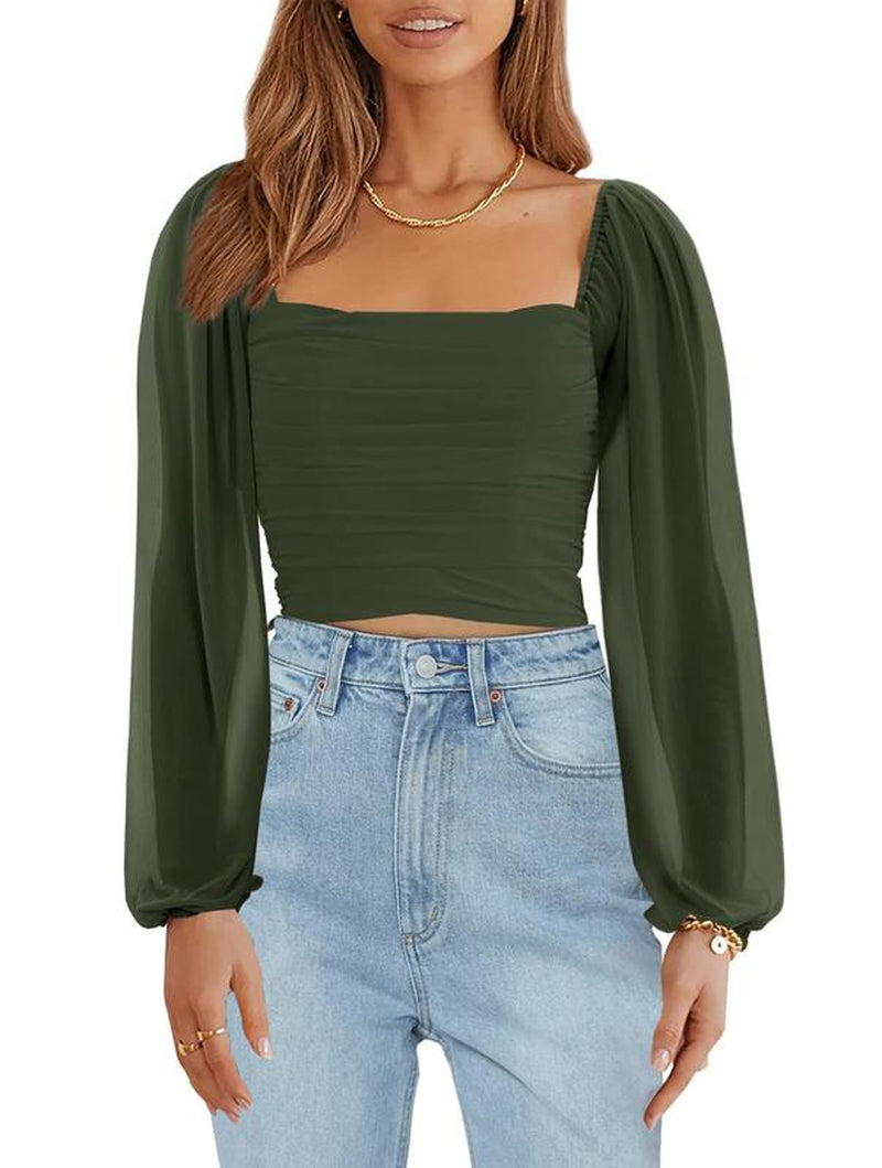 Tankaneo Women'S Summer Mesh Long Sleeve Tops Square Neck Ruched Party Club Casual Crop Blouse Shirt RP5408
