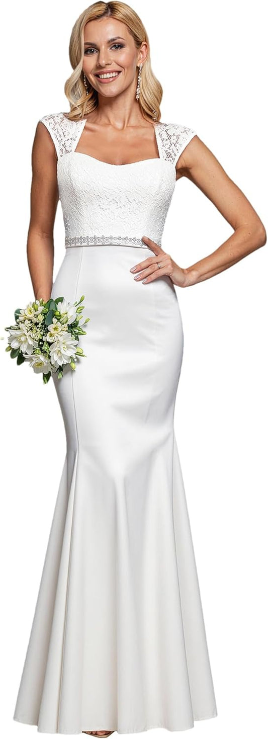 Women'S Elegant Lace Cap Sleeve V Neck Beading Mermaid Wedding Dresses for Bride 00218