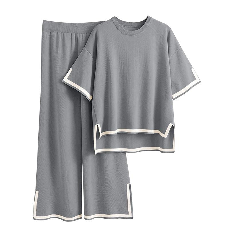 Naeduo Sweater Sets Women 2 Piece Lounge Sets Short Sleeve Knit Pullover Tops Wide Leg Pants