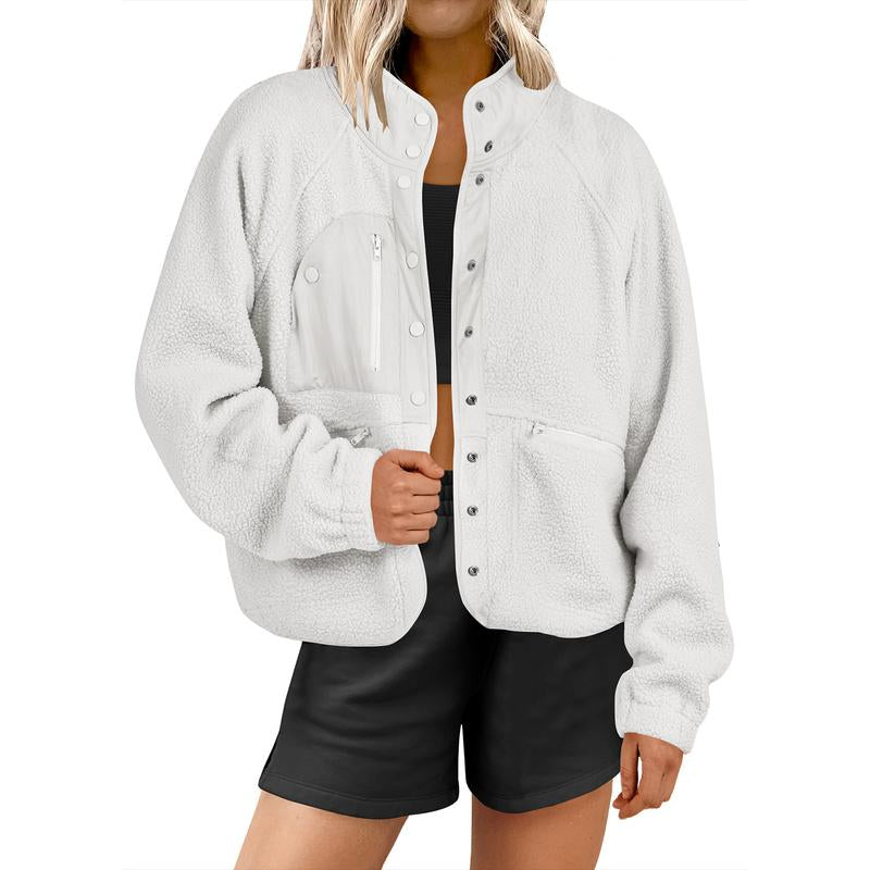 ANRABESS Womens Fleece Jacket Button down Shacket Casual Sherpa Cropped Coats Warm Outwear with Pockets