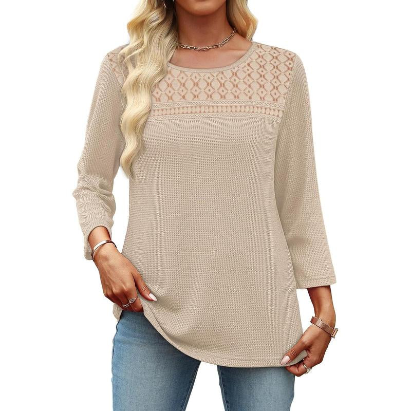 OFEEFAN Women Blouses Dressy Casual 3/4 Length Sleeve Tops plus Size Fall Clothes Lace Crochet Trendy Waffle Shirts