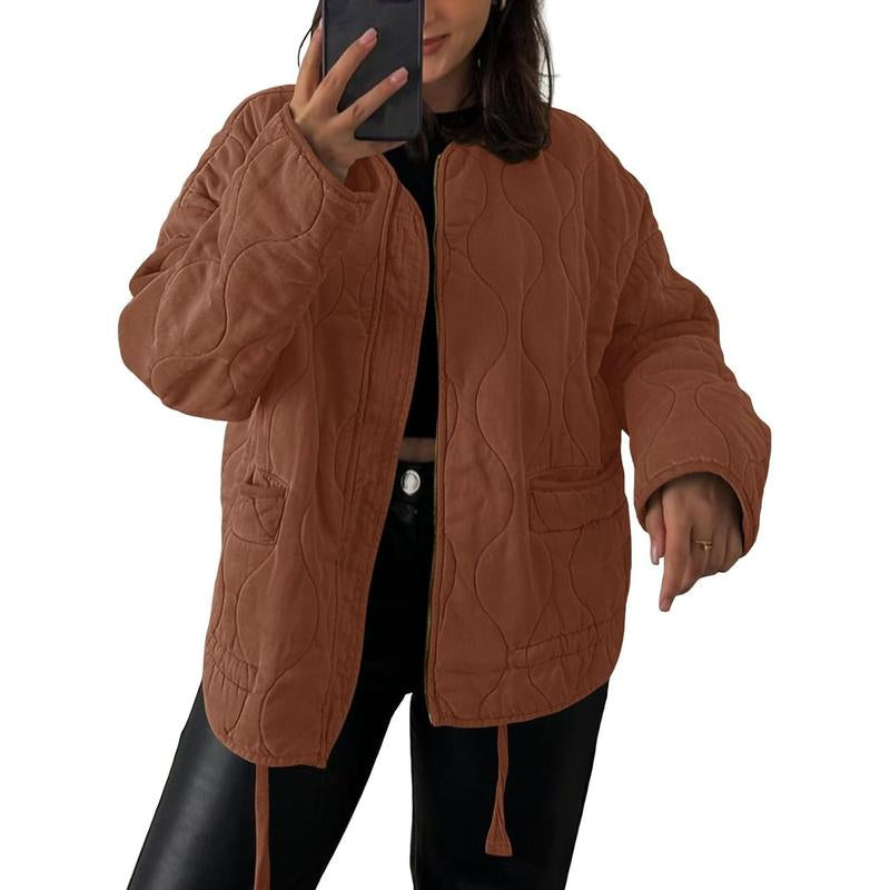 Womens Collarless Lightweight Quilted Jackets Casual Oversized Puffer Coats Zip up Drawstring Outerwe