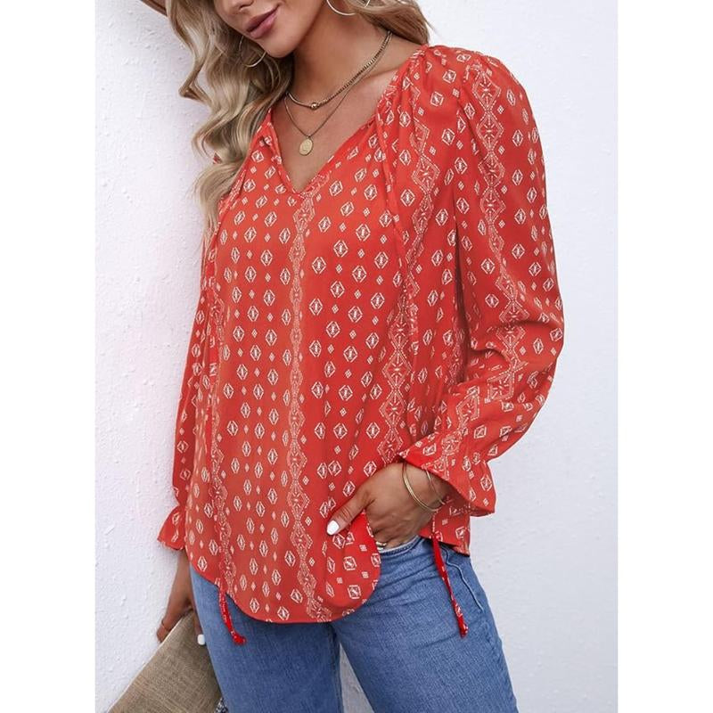 Dokotoo Women'S Casual Boho Floral Printed V Neck Tops Drawstring Short Long Sleeve T Shirt Blouses