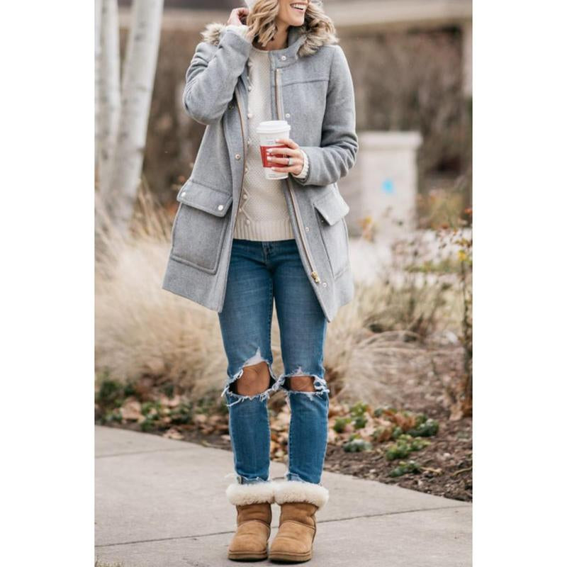 Goranbon Womens Coats Fall Winter Mid Length Thick Warm Pea Coat Elegant Faux Wool Coat with Detachable Hat Jacket Outerwear