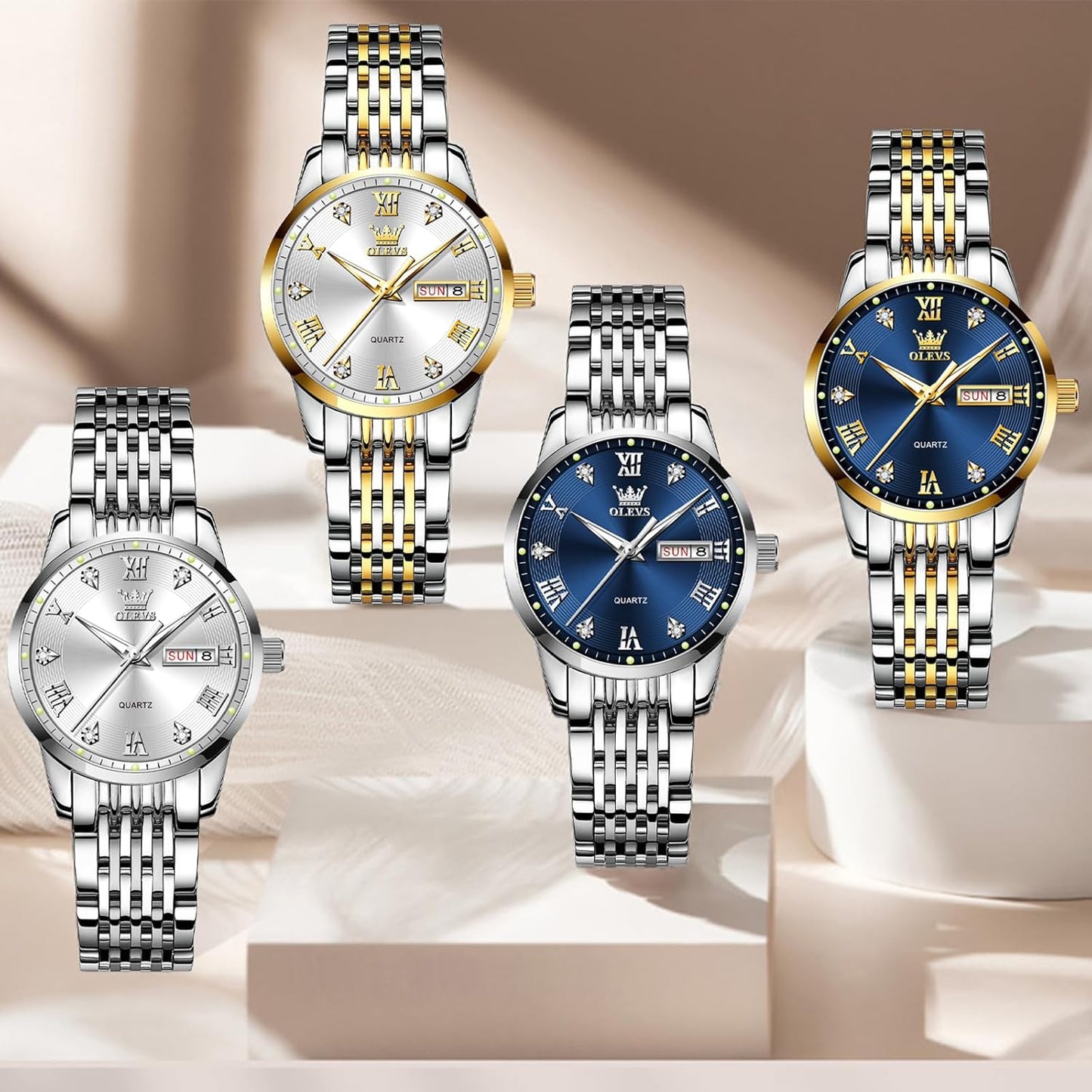 Women Watches Date and Day,Ladies Watches with Silver Gold Stainless Steel,Elegent Female for Small Wrist Watch(White/Black/Blue/Gold Face)