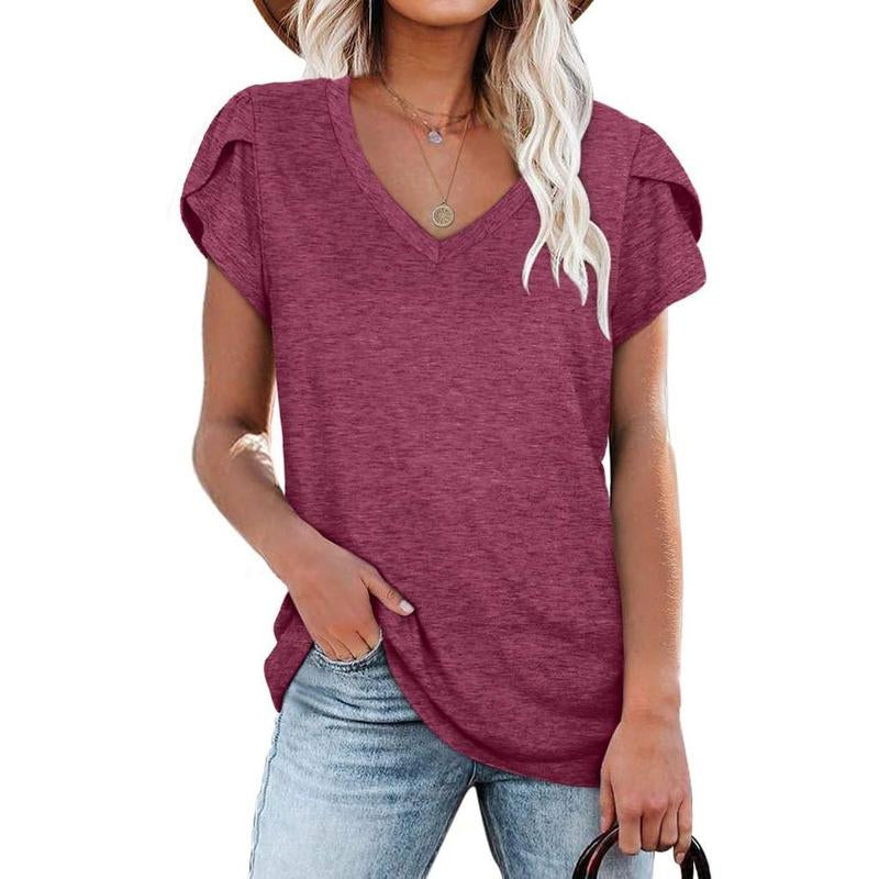 WIHOLL Womens Tops V Neck Summer Petal Sleeve Casual Tshirts