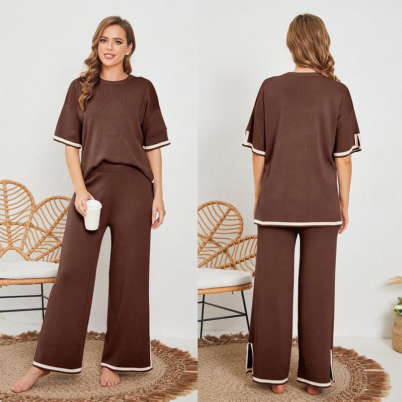Naeduo Sweater Sets Women 2 Piece Lounge Sets Short Sleeve Knit Pullover Tops Wide Leg Pants