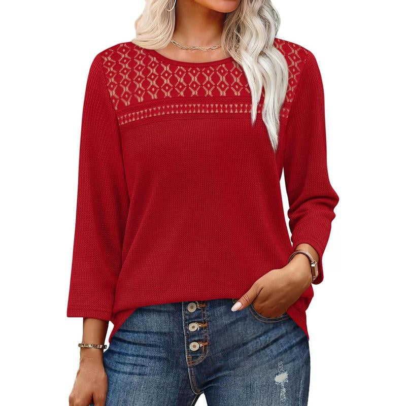 OFEEFAN Women Blouses Dressy Casual 3/4 Length Sleeve Tops plus Size Fall Clothes Lace Crochet Trendy Waffle Shirts
