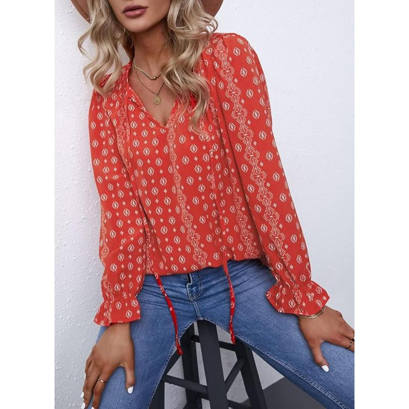Dokotoo Women'S Casual Boho Floral Printed V Neck Tops Drawstring Short Long Sleeve T Shirt Blouses