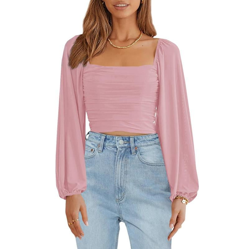 Tankaneo Women'S Summer Mesh Long Sleeve Tops Square Neck Ruched Party Club Casual Crop Blouse Shirt RP5408
