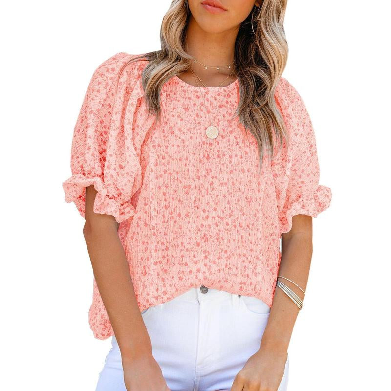 Dokotoo Floral Print Blouses for Women Crewneck Smocked Puff Sleeve Shirts Casual Babydoll Tops