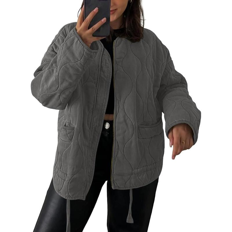 Womens Collarless Lightweight Quilted Jackets Casual Oversized Puffer Coats Zip up Drawstring Outerwe