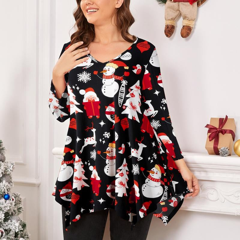 LARACE plus Size Tops for Women 3/4 Sleeve Christmas Crewneck Blouses Shirts Tunic Womenswear Asymmetrical Plussize Basic Top Dress Flowy Fabric Fit Christmas Clothes Blouse Women Tops Basic Minimalist Christmas T-Shirts Comfortable Tops Outfits Suits