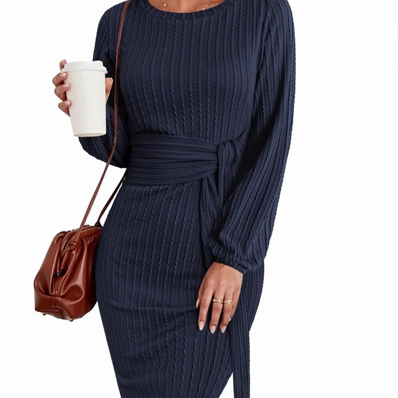 ZEAGOO Christmas Women'S Casual Knit Dress Long Lantern Sleeve Fall Bodycon Dress Crewneck Tie Waist Rib Knitted Sweater Dresses
