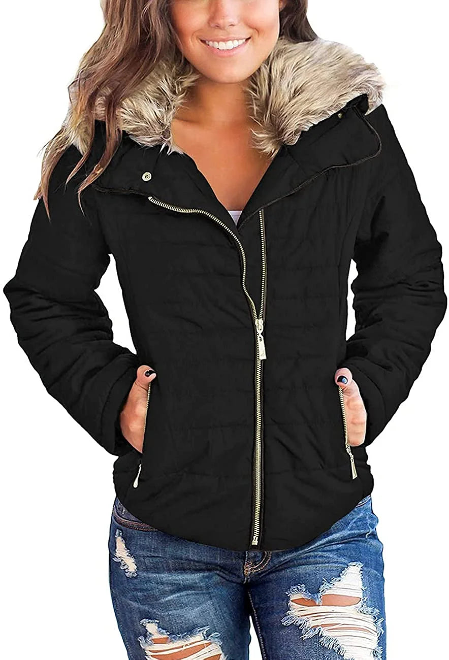 Women Parka Coat Pockets Quilted Puffer Jacket with Faux Fur Lapel, Size S-2XL