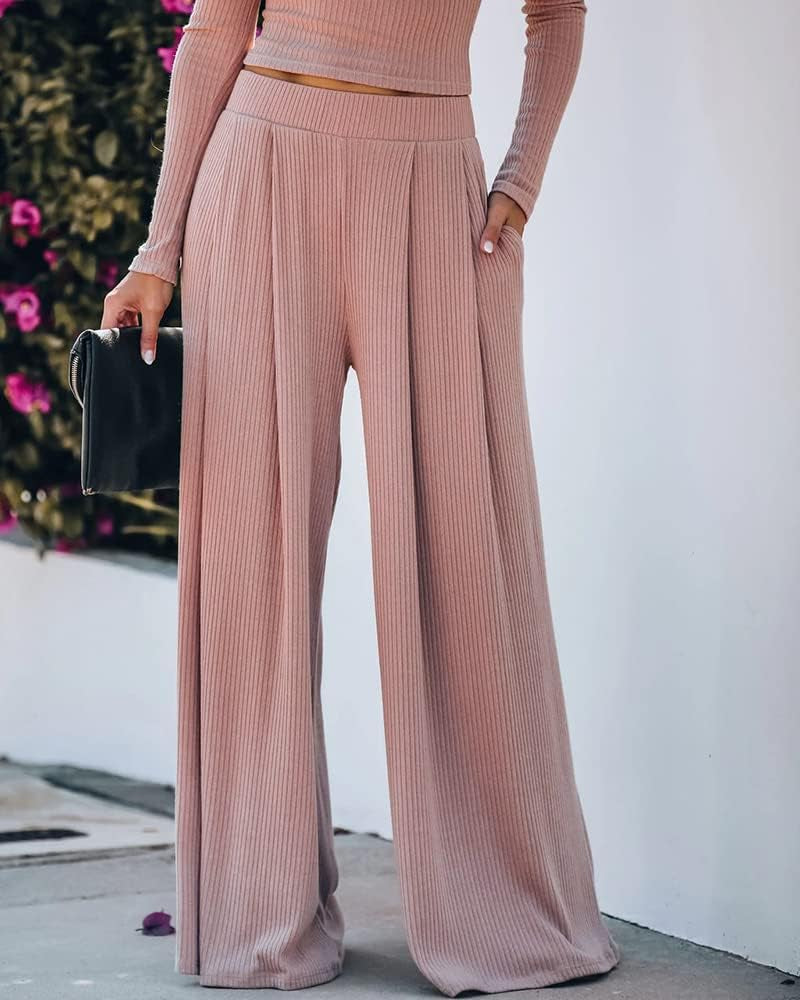Wide Leg Pant Suits for Women Elegant 2 Piece Solid Outfits Long Sleeve Crop Top High Waist Long Pants with Pockets