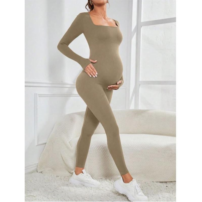 Maternity Seamless Yoga Jumpsuits Women'S One Piece Ribbed Square Neck Long Sleeved Romper with Workout Features