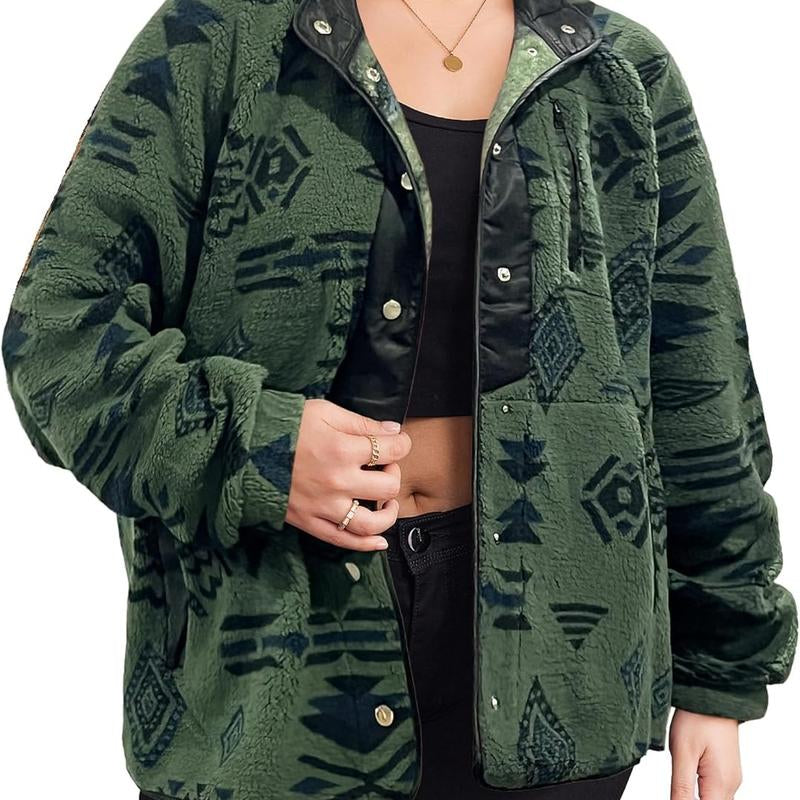 IN'VOLAND plus Size Womens Fleece Jacket Western Aztec Print Long Sleeve Snap Button down Shacket with Pockets