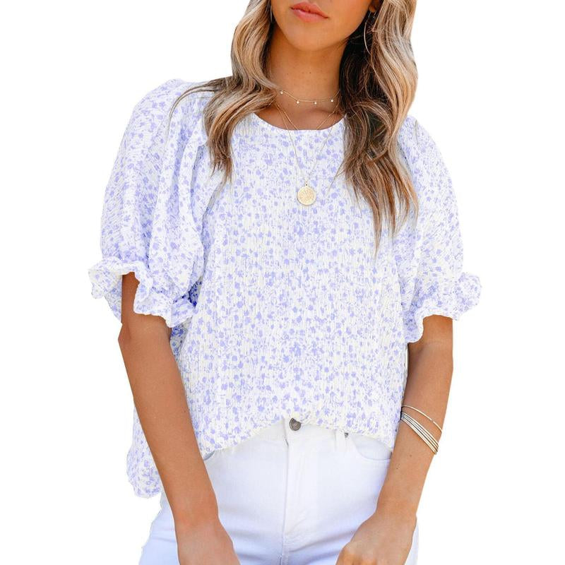 Dokotoo Floral Print Blouses for Women Crewneck Smocked Puff Sleeve Shirts Casual Babydoll Tops