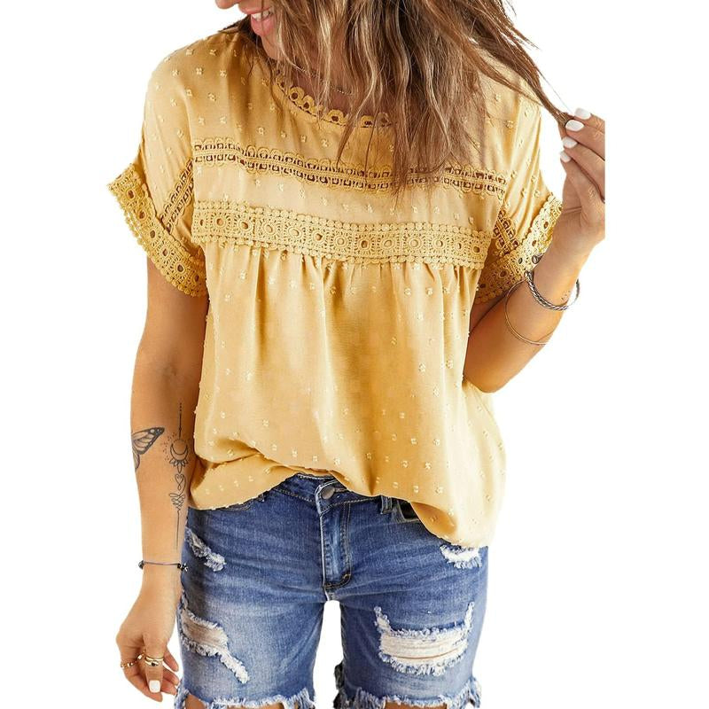 Dokotoo Womens Summer Tops Crewneck Lace Crochet Short Sleeve Shirts Casual Chiffon Blouses
