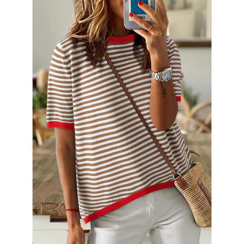 Dokotoo Womens Tops Casual Summer Crewneck Short Sleeve Striped Color Block Knit High Low Trendy Pullover Sweaters