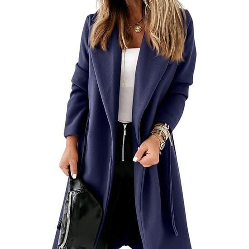 Imily Bela Womens Classic Coat Lapel Collar Open Front Belted Long Jacket M9S050