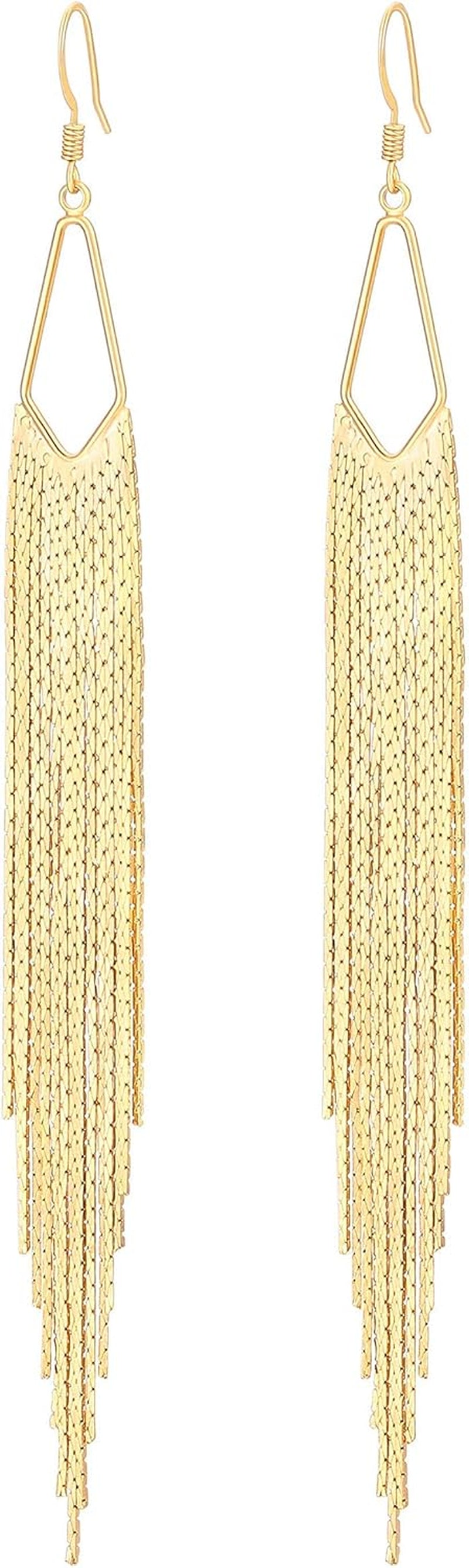 18K Gold Long Chain Tassel Earrings Trendy Sleek Chain Dangle Drop Earrings for Party Linear Fringe Earring
