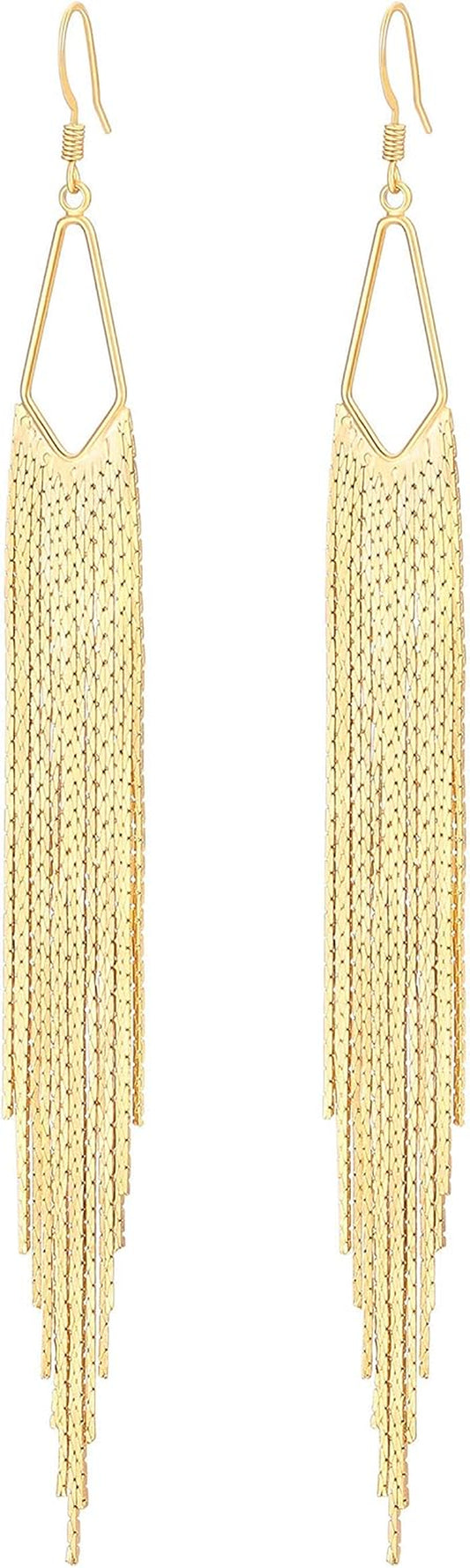 18K Gold Long Chain Tassel Earrings Trendy Sleek Chain Dangle Drop Earrings for Party Linear Fringe Earring