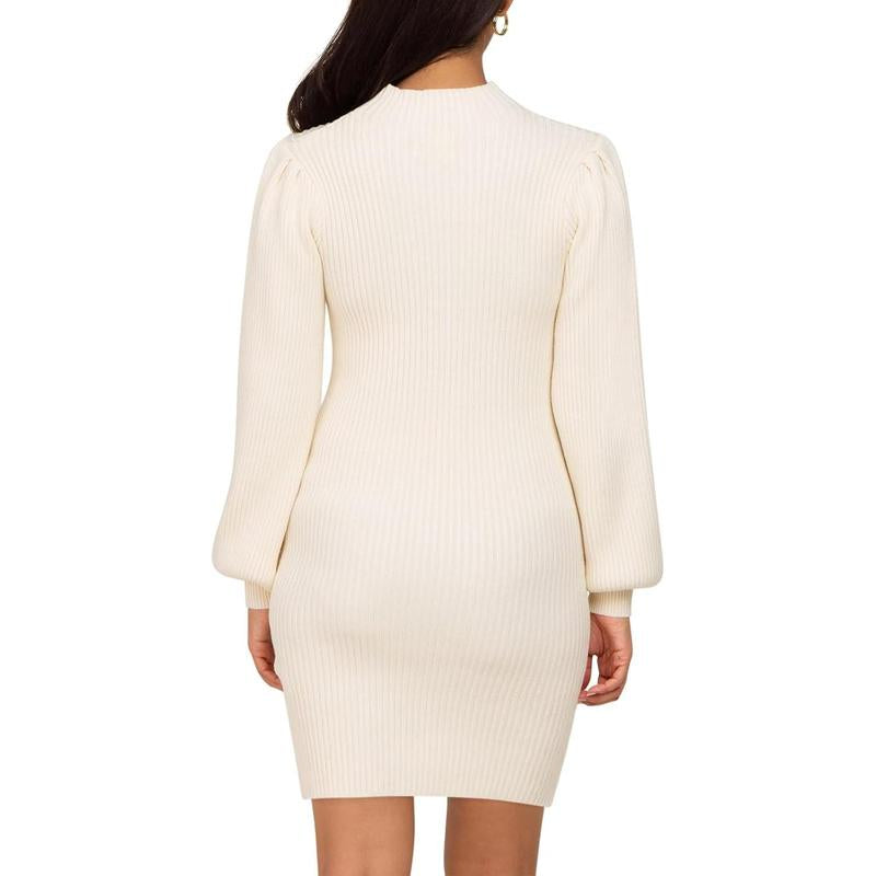 Wenrine Maternity Sweater Dress for Pregnant Women Turtleneck Puff Sleeve Knit Slim Fit Bodycon Mini Dress