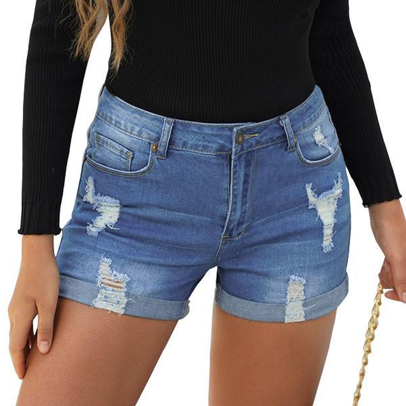 Luvamia Denim Shorts Women'S Ripped Jean Shorts High Waisted Stretchy Folded Hem Short Jeans