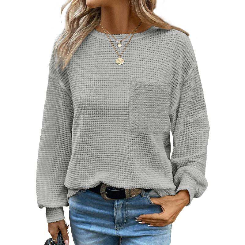 Dokotoo Womens Tops 2025 Oversized Long Sleeve Crewneck Waffle Knit Shirts Business Casual Blouses Basic Shirts Clothes Elegant