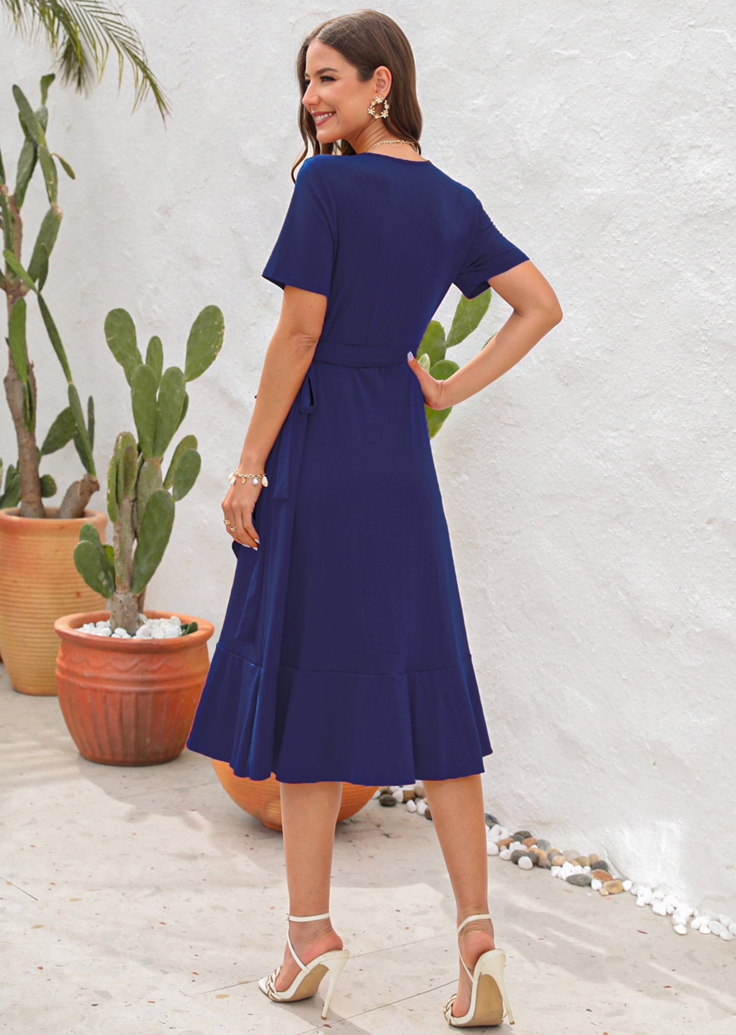 Women Summer Midi V-Neck Dress (Navy Blue, S)