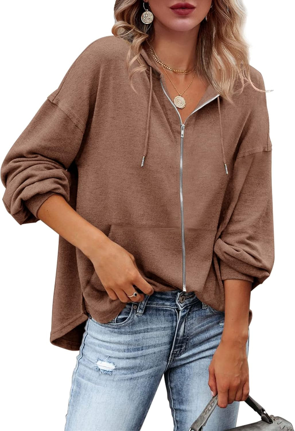 Womens Zip up Hoodies Loose Fit Sweatshirt Casual Long Sleeve Shirts for Women Pullover Tops with Pocket