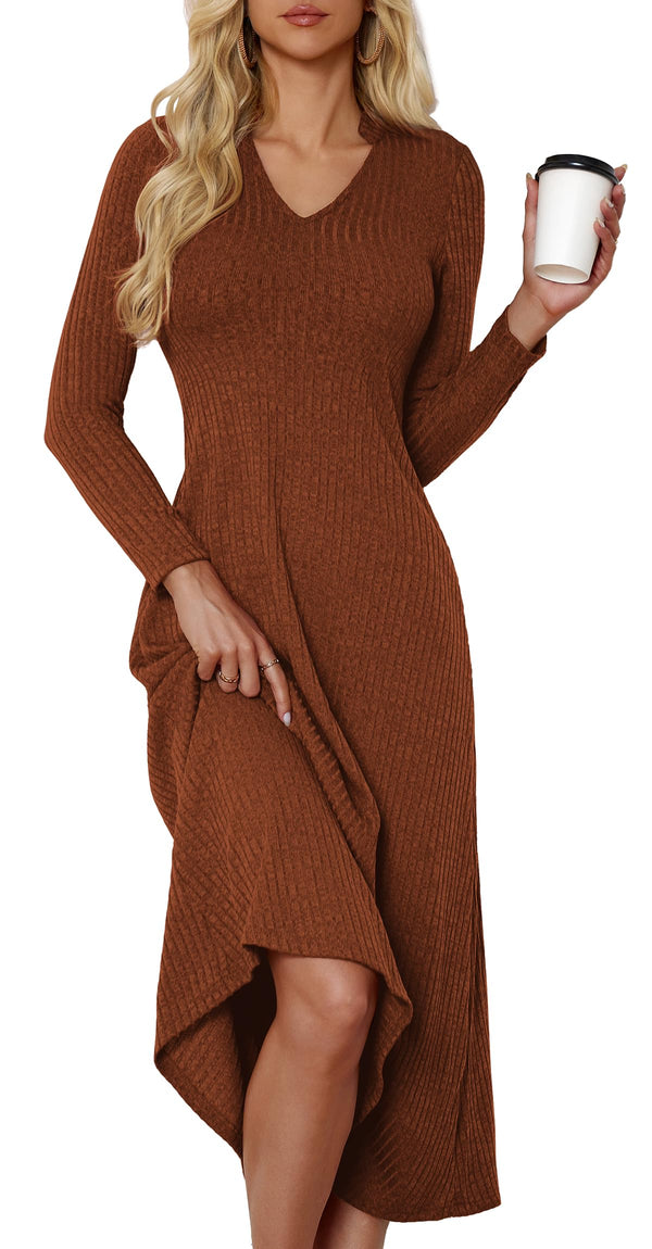 MarryUP Long Sleeve Dress for Women Casual V Neck Tunic Sweater Fall and Winter Church Maxi Dress 2024 Caramel S