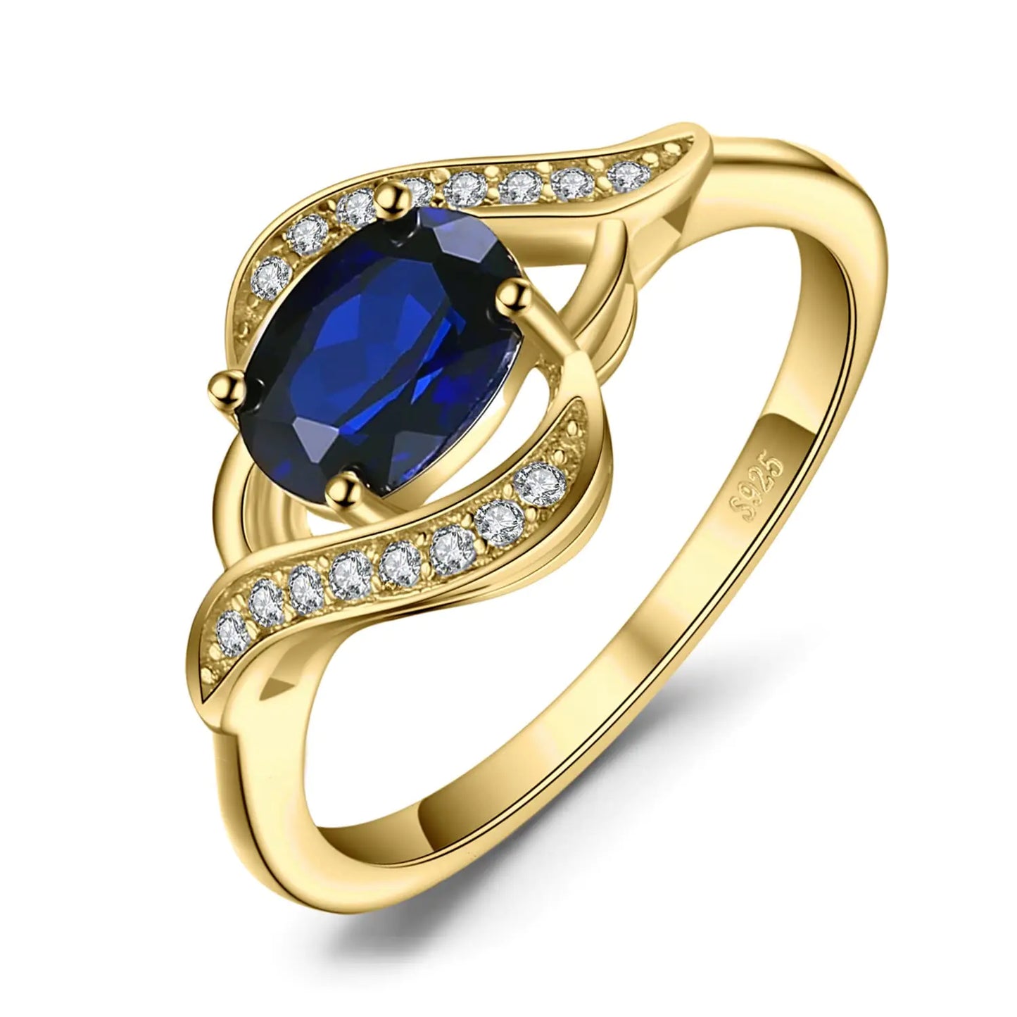 JewelryPalace 1ct Oval Created Blue Sapphire Rings for Women 14K Yellow Gold Plated 925 Sterling Silver Ring for Women Gemstone Jewelry Sets Promise Rings 8