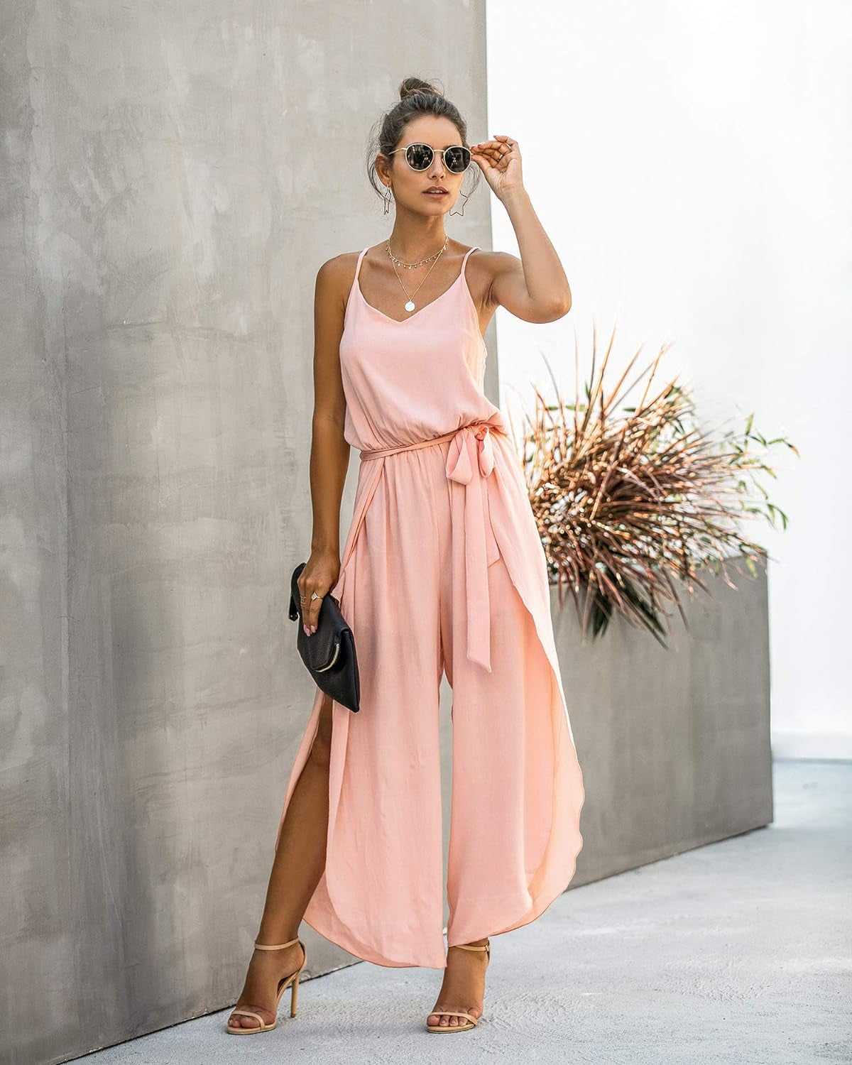 Womens Jumpsuit Spaghetti Strap Wide Leg Split Jumpsuits Long Overalls Summer Beach Loose Fit Rompers with Belt Navy Blue Large
