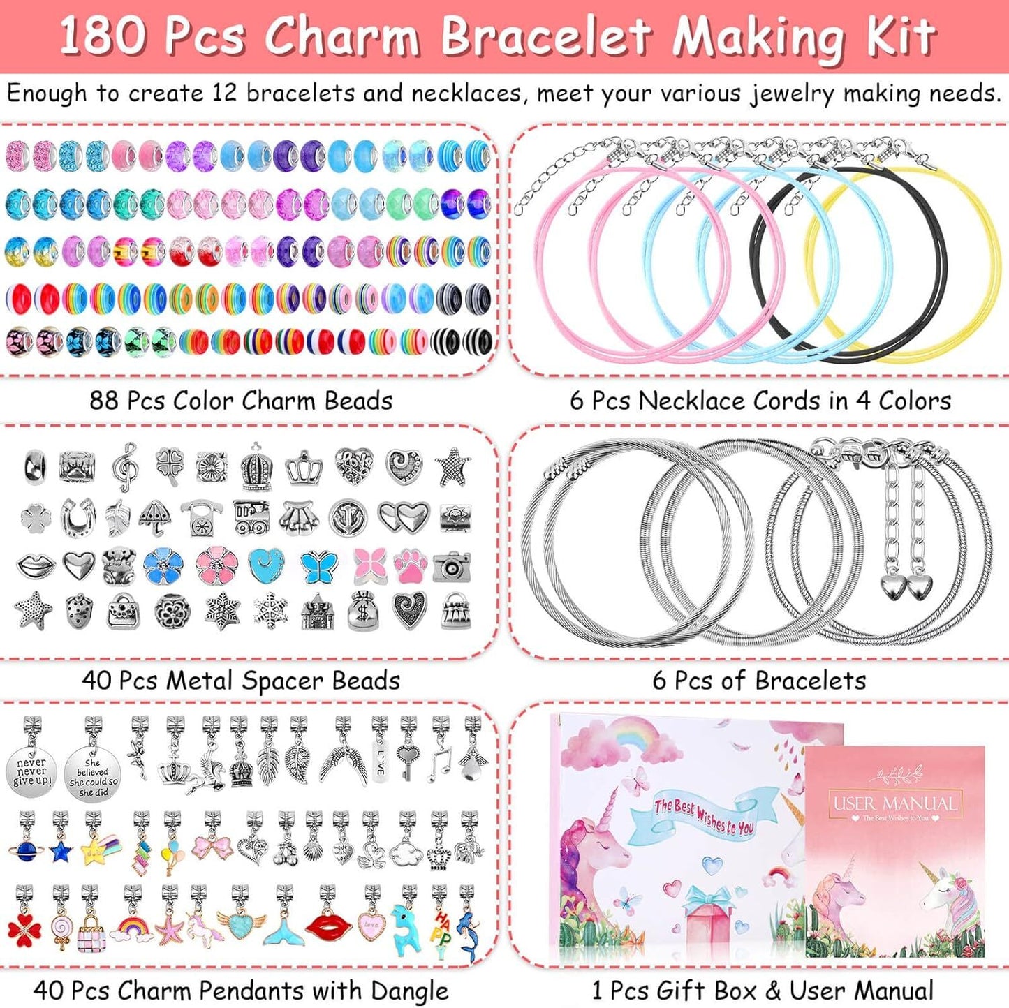180 Pcs Charm Bracelet Making Kit for Girls, Mckanti Unicorn Mermaid Crafts Gift
