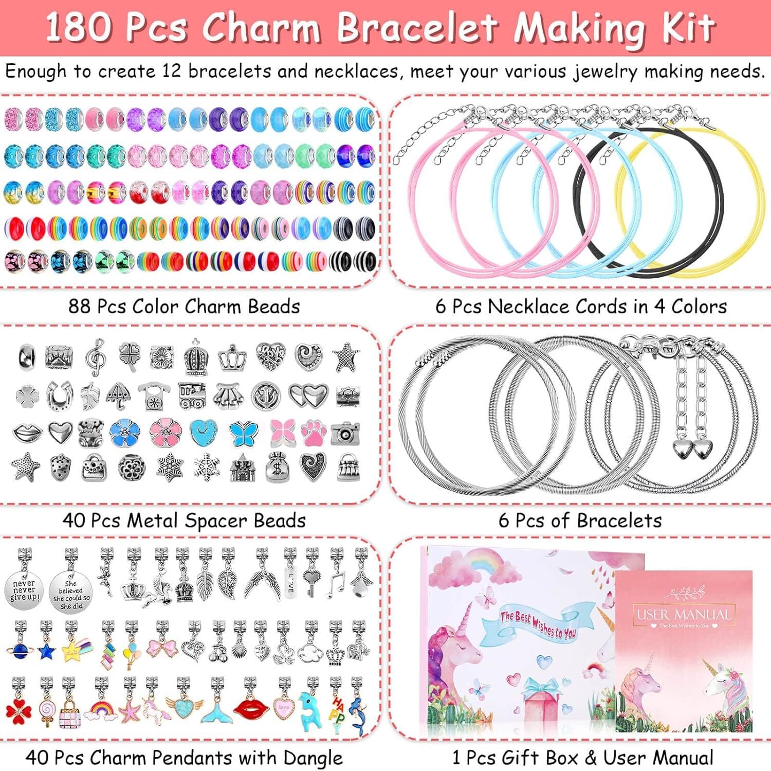 180 Pcs Charm Bracelet Making Kit for Girls, Mckanti Unicorn Mermaid Crafts Gift