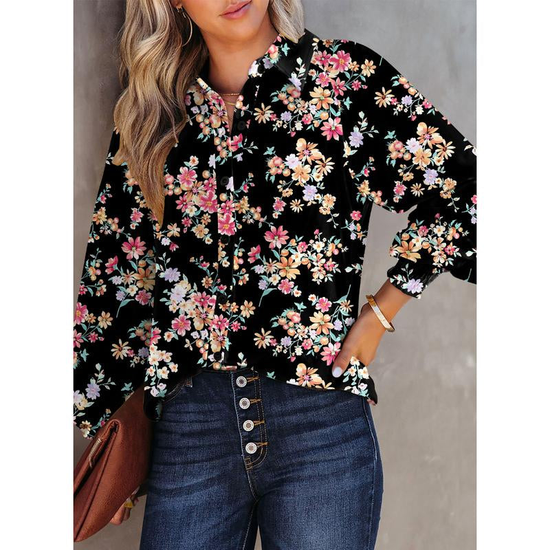 Dokotoo Women'S Casual V Neck Allover Floral Print Long Sleeve Chiffon Button down Blouses Bohemian Top Shirts