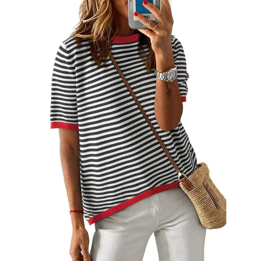 Dokotoo Womens Tops Casual Summer Crewneck Short Sleeve Striped Color Block Knit High Low Trendy Pullover Sweaters