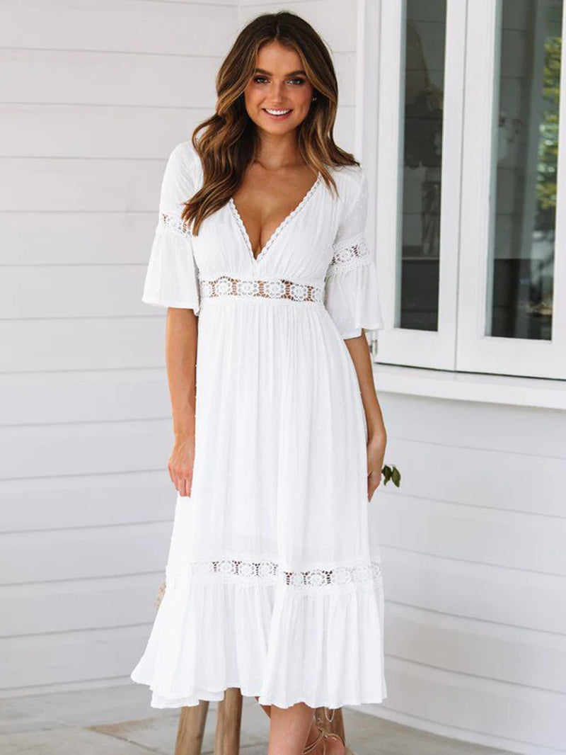 Summer White Long Dress Women Boho Hollow Out Patchwork Dress Short Sleeve V-Neck Loose Dress Fashion Casual Elegant Woman Dress