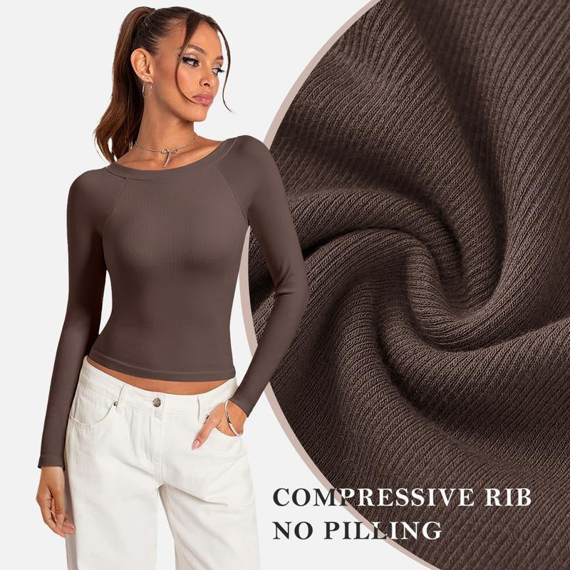 OMKAGI Women Long Sleeve Tops Boat Neck off Shoulder Going Out Y2K Tops T-Shirts