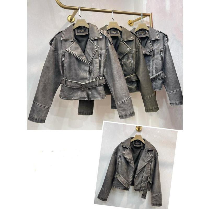 Katchme Womenswear Epaulets Zipper Belt Decor PU Biker Jacket Coats,Outerwear Jacket,Ladies Biker Zipper Pocket Clothes Womenswear