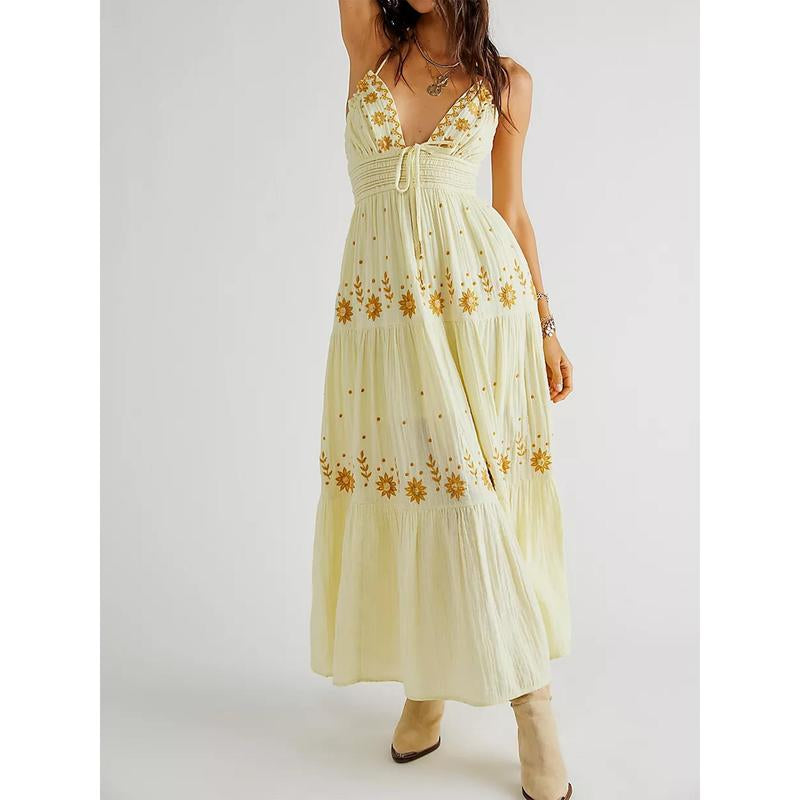 Embroidered Boho Maxi Dress for Women Spaghetti Strap Open Back Embroidered Tiered Swing Summer Long Dress Y2K Vacation Sundress