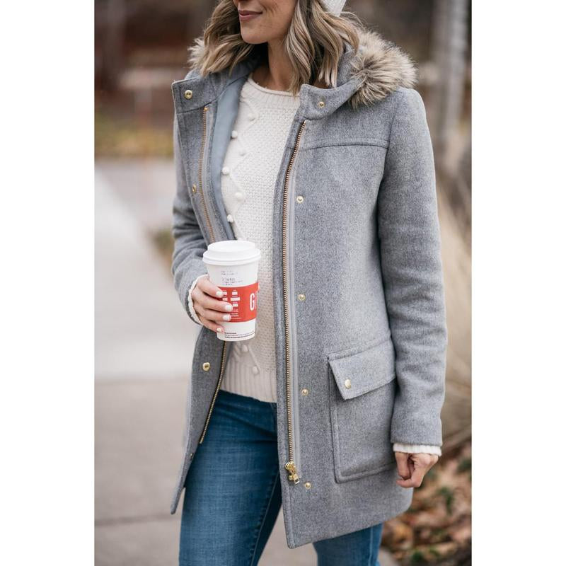 Goranbon Womens Coats Fall Winter Mid Length Thick Warm Pea Coat Elegant Faux Wool Coat with Detachable Hat Jacket Outerwear