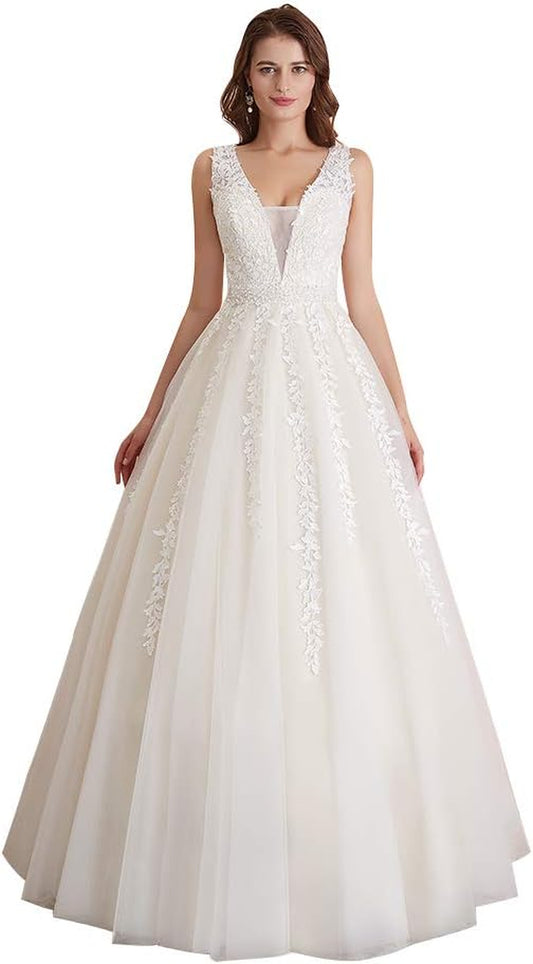 Women'S Wedding Dress for Bride Lace Applique Evening Dress V Neck Straps Ball Gowns