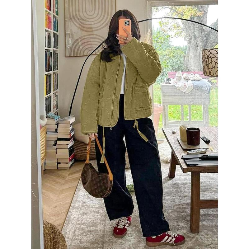Womens Collarless Lightweight Quilted Jackets Casual Oversized Puffer Coats Zip up Drawstring Outerwe
