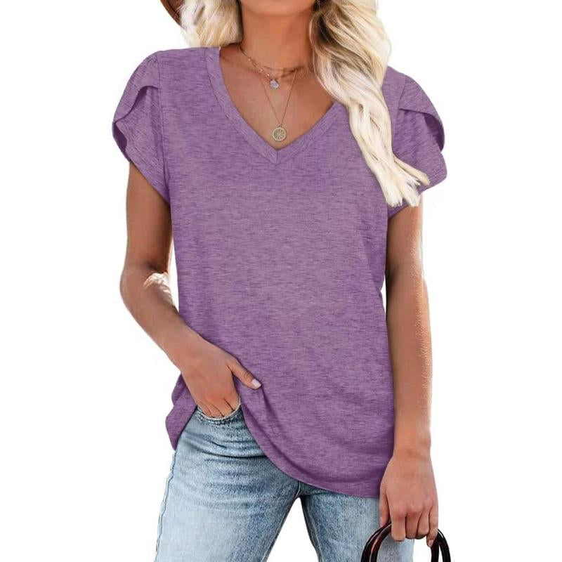 WIHOLL Womens Tops V Neck Summer Petal Sleeve Casual Tshirts